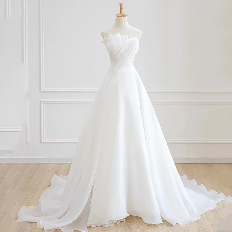 

LZPOVE Luxury White Chiffon Strapless Wedding Trailing Dresses for Bride 2022 Elegant Long Prom Evening Guest Party Women Dress