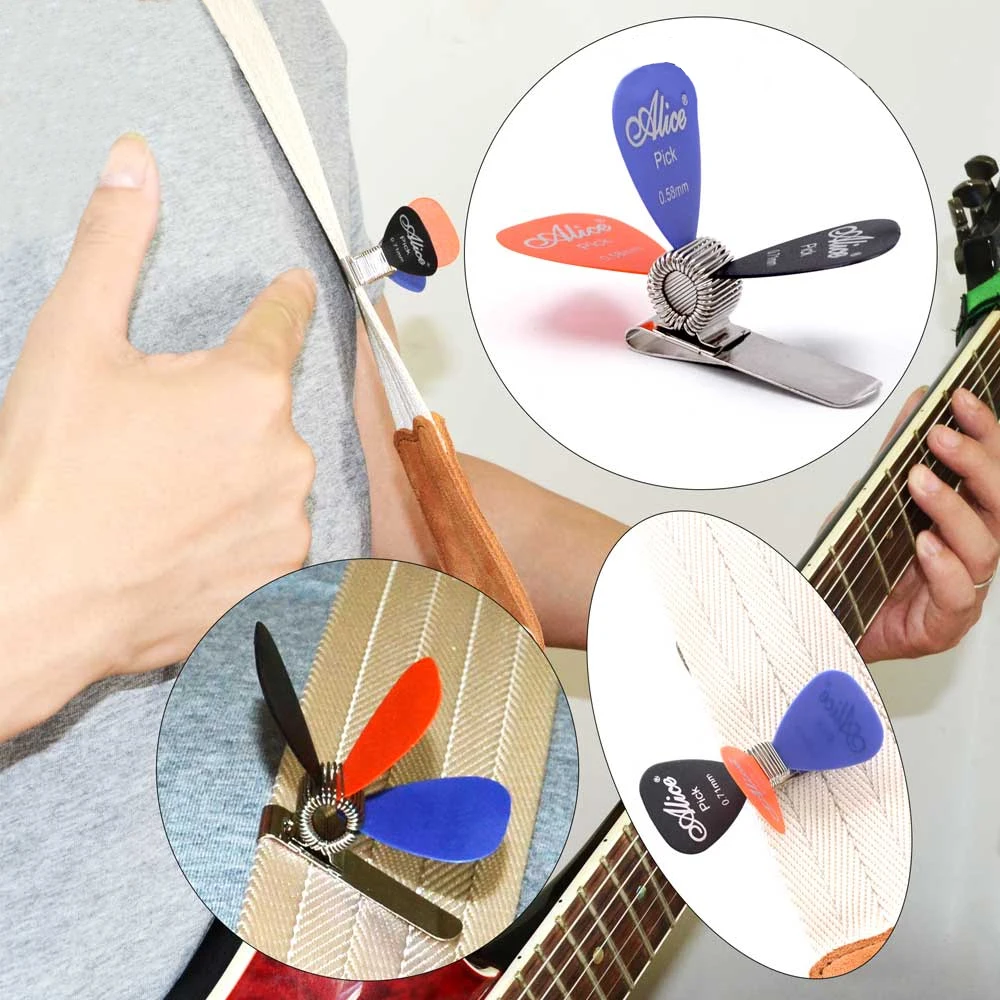 Univerzální kov kytara picks držák klip s 3 ks picks kytara picks barvivo náhodné obecná kytara příslušenství