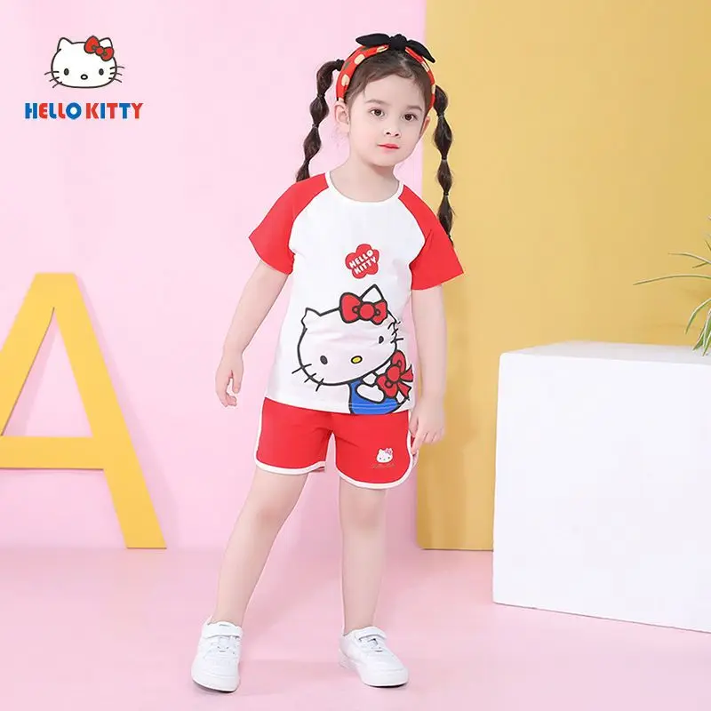 

Kawaii Anime Sanrio Hello Kitty Summer New Girls Cotton Short Sleeve Suit Cartoon Cute Casual T-Shirt Shorts Homewear 2023