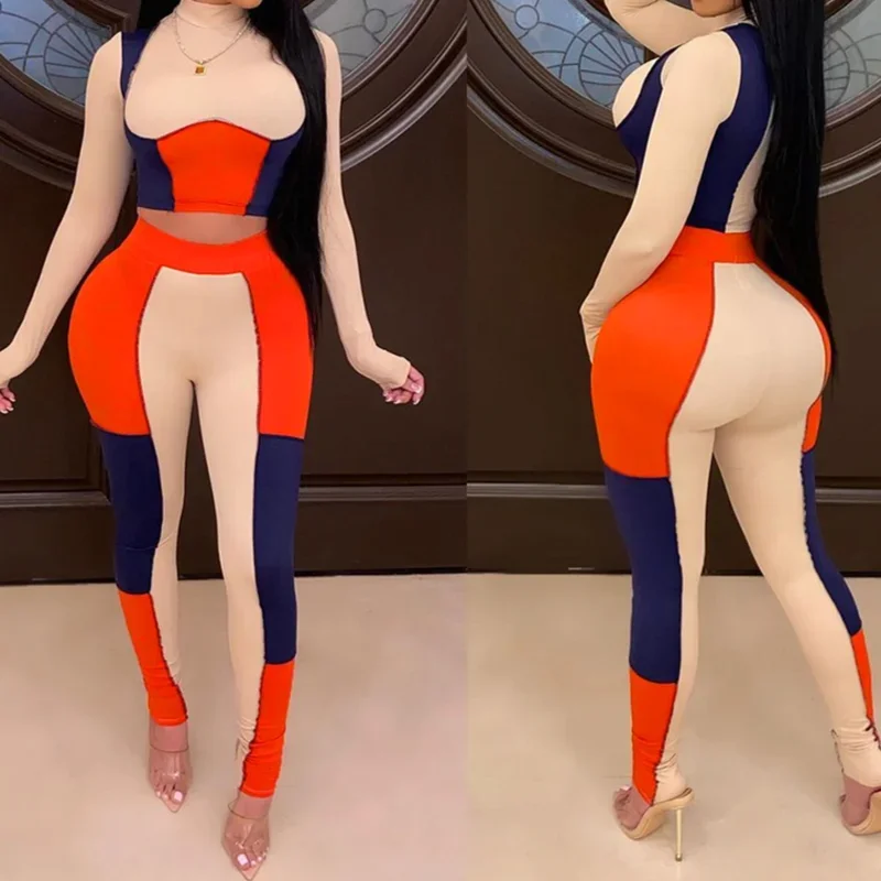 2021 Hot Women Suit Sexy Patchwork Skinny Rompers Fashion Mock Neck Crop Top+Stretchy Legging Matching Outfit Female Streetwear