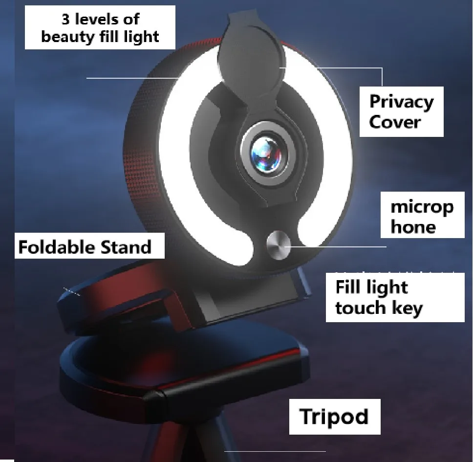 XJ Webcams PC 4K HD Video Web Cam LED Light Autofocus Camera Computer USB Webcam Microphone Streaming Live Mini Cammera
