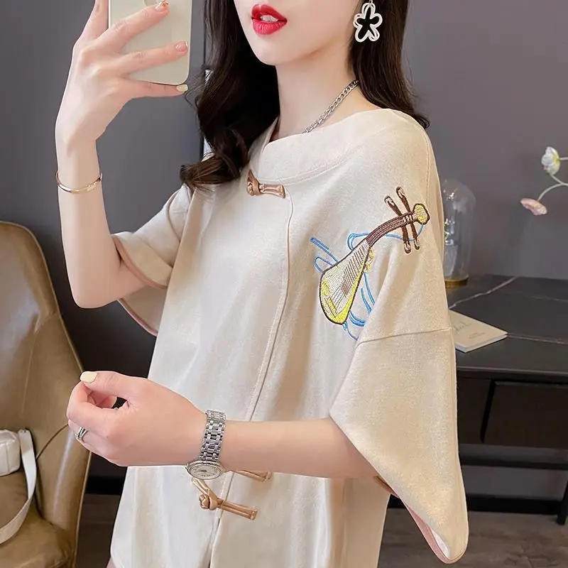 2025 새로운 임산부의 중국 스타일 통기성 탑 출산 간단한 여름 클래식 자수 유행 셔츠 탑 LI320
