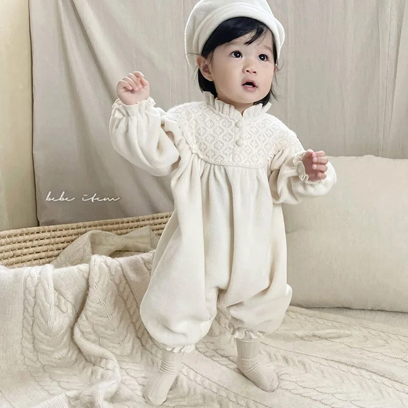 

Infant Bodysuits 2024 Spring Baby Rompers Korean Stand Collar Lace Spliced Double Sided Velvet Long Jumpsuit for Girls and Boys