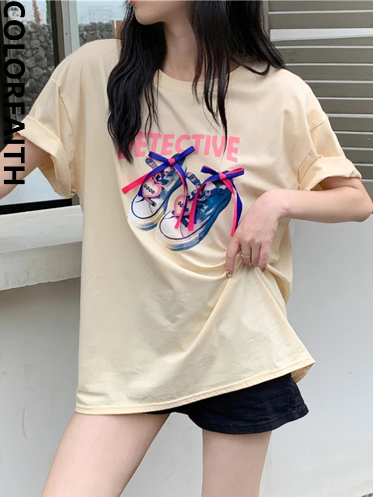 

Colorfaith T9916CG New 2024 Cartoon Basic Oversized Wild Bottoming Korean Fashion Elegant Lady Women T-Shirts Spring Summer Tops