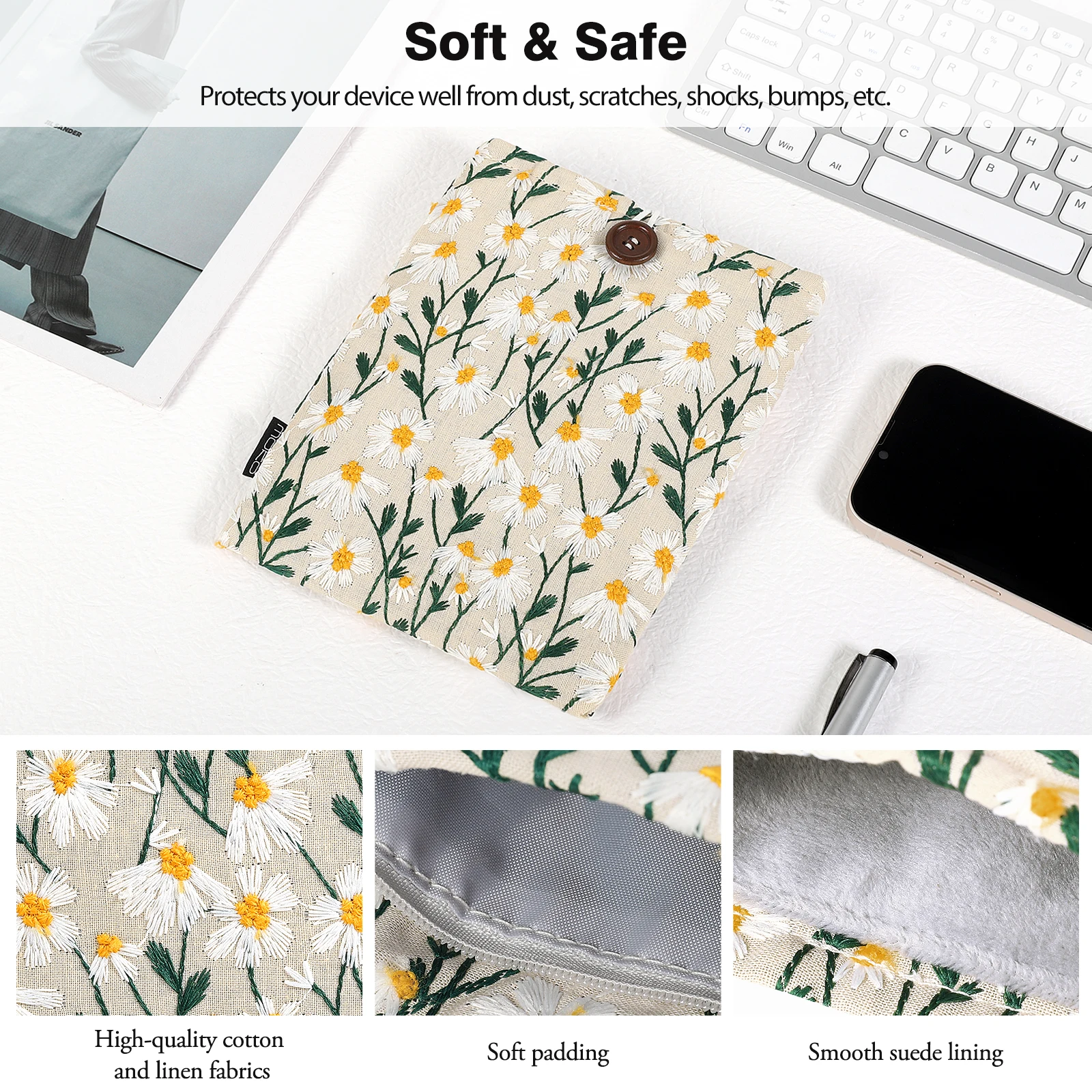 Embroidered Daisy Padded Sleeve Pouch