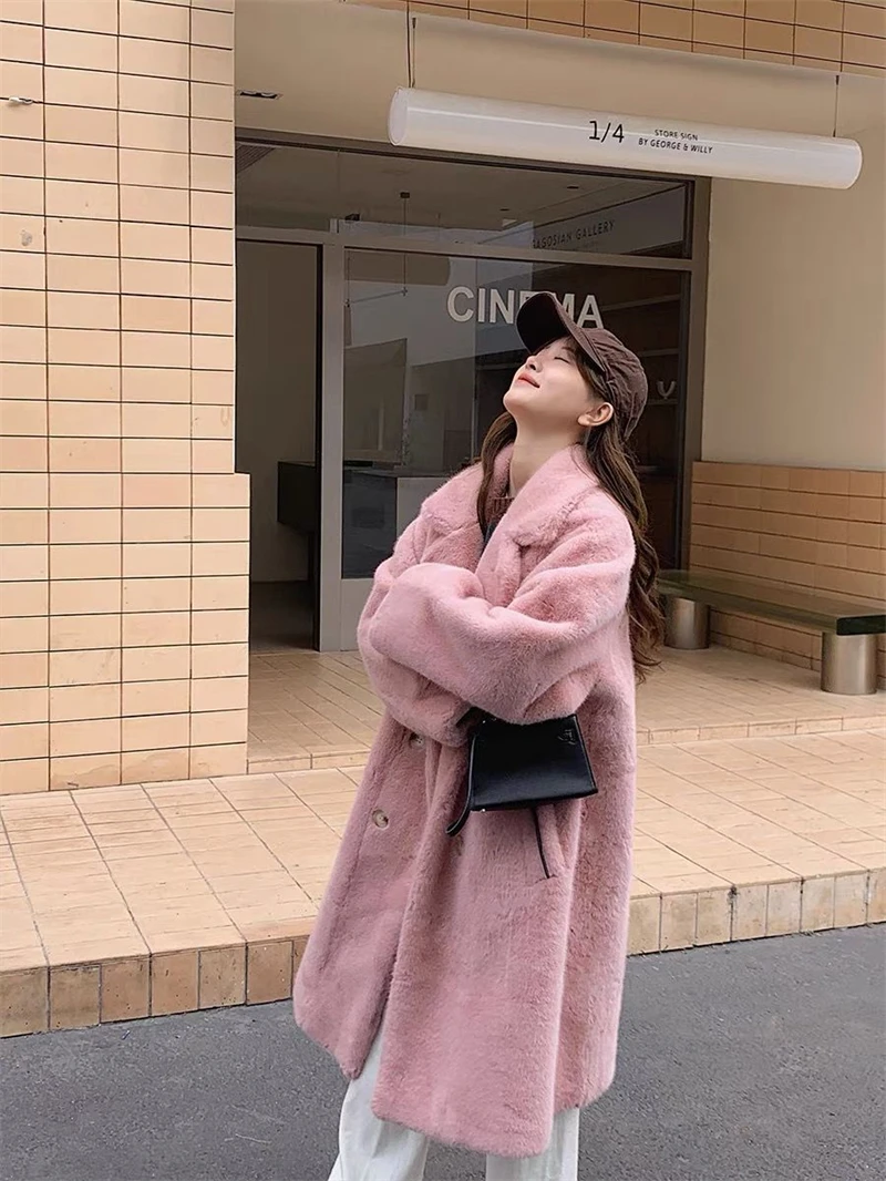 2025 Autumn Winter New Loose Environmentally Friendly Rabbit Fur fur Coat Long Thick Warm Temperament Loose Suit Collar Coat