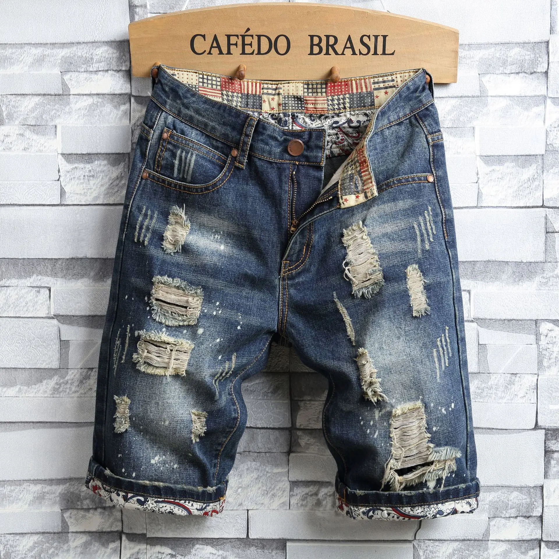 Large size denim shorts retro ripped slim men's five quarter pants with cloth medium pants ripped jeans 28-40