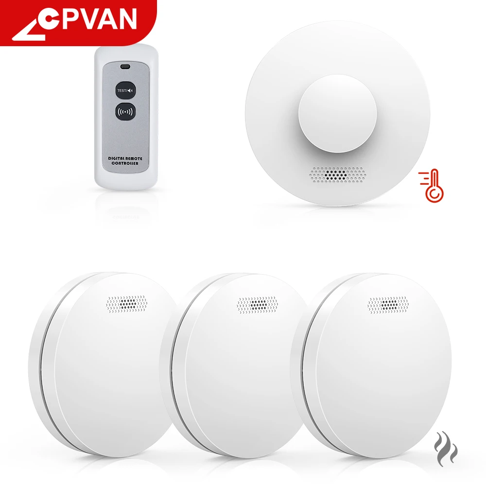 CPVAN Wireles Interlinked Smoke Detector 10 Years Life Heat Alarm With Remote Control 433MHZ Interconnect Fire Sensor System