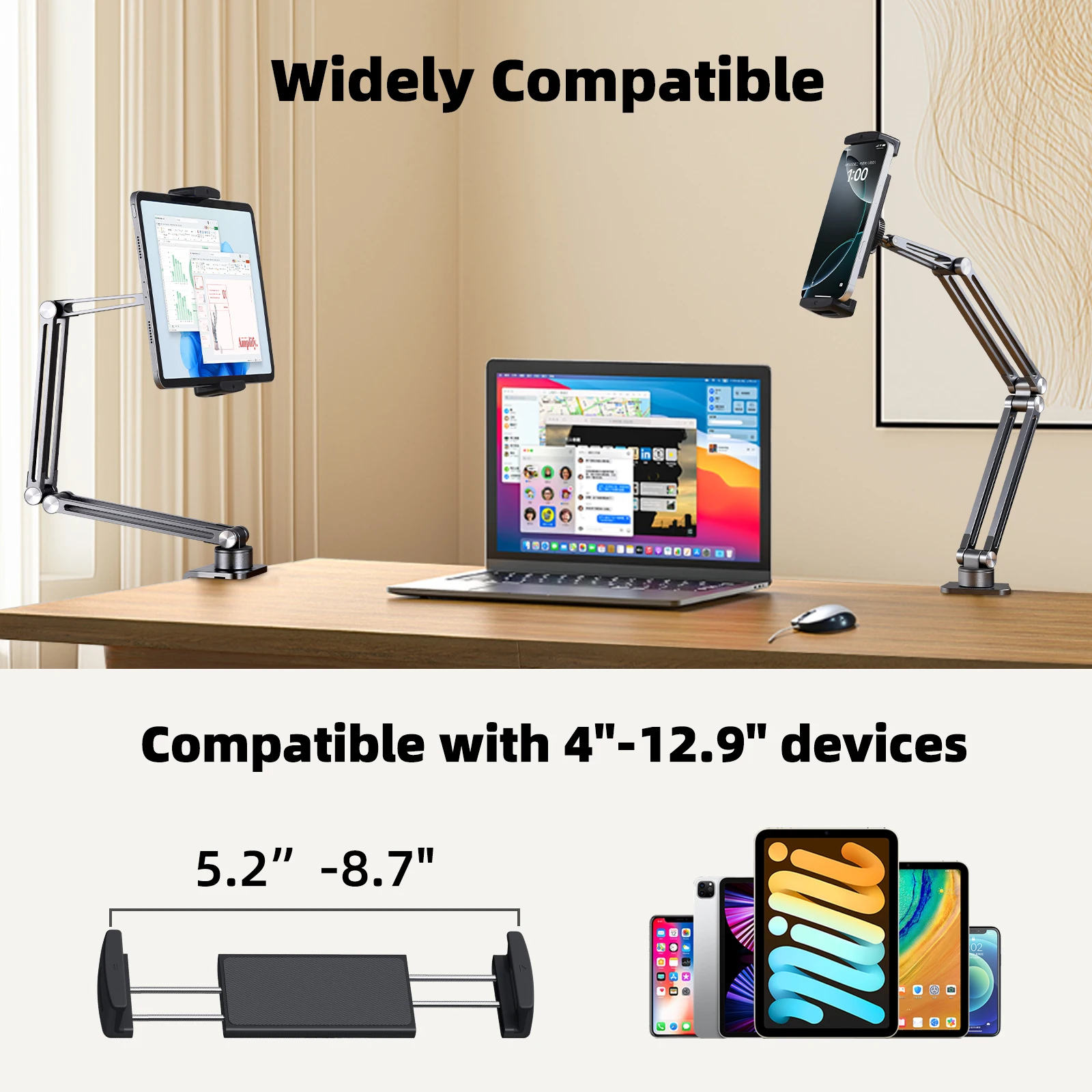 Eary Bedside Clip Phone Tablet Holder Multi-Angle Adjustable Overhead Lazy Bracket Metal Long Arm Stand Fit For 4-12.9 Inch Ipad