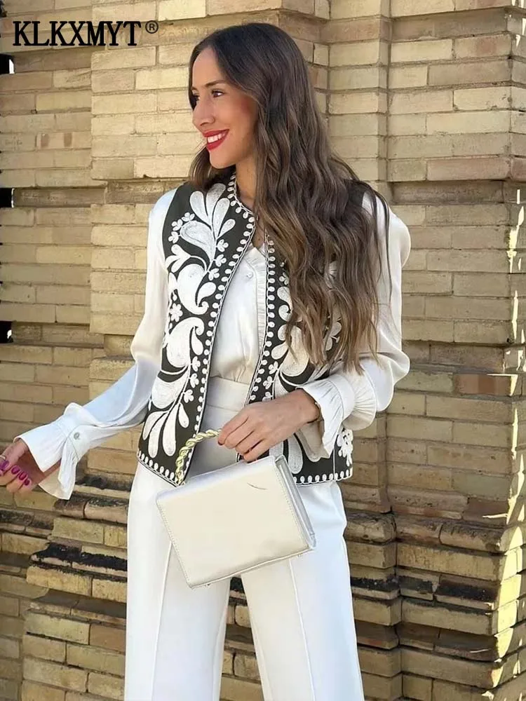 TRAF 2024 Women Vintage Floral Embroidery Short Vest Jacket Ladies National Style Vests for Women Casual Chic WaistCoat Tops 2