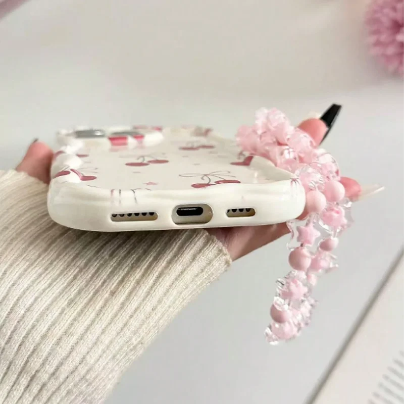 Red Cherry Bow Wavy Cream-Edge iPhone Case with Pink Beaded Strap - Image 5