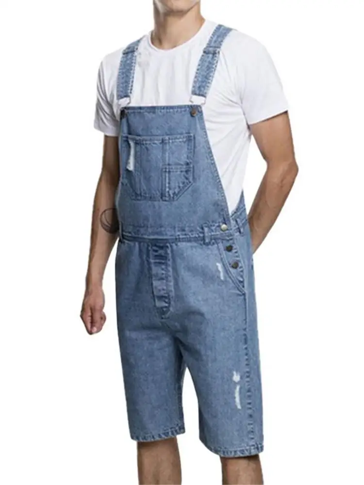 

2024 New Men's Casual Work Overalls, Strap Pants, Perforated Denim Jumpsuit Trendy Men Jeans
