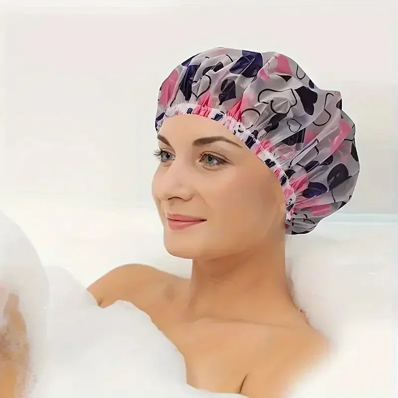 Shower Cap Adjustable Printed Waterproof Reusable with Elastic Band For Women's Spa Salon Cartoon Transparent