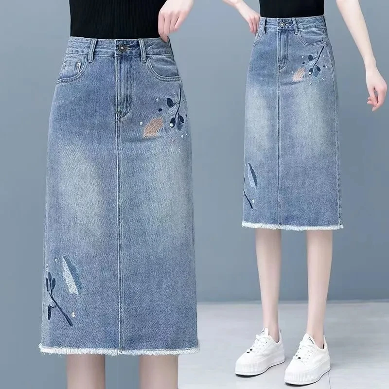 Embroidery Denim Skirts For Women Summer New High Waist Fashion Thin Jean A-Line Skirt Diamond Casual Slim Midi Skirts 2024 New