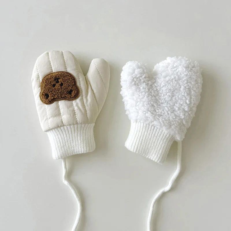 Thick Velvet Baby Fingerless Gloves Winter Children Hanging Neck Glove Cute Bear Plush Mittens 1-4year