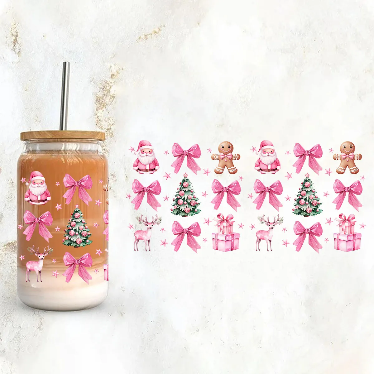 Pink Santa Claus Bow Christmas Tree UV DTF Transfer Sticker Libbey 16oz Glass Cups Wraps Coffee Mug Decals Party Xmas Home Decor
