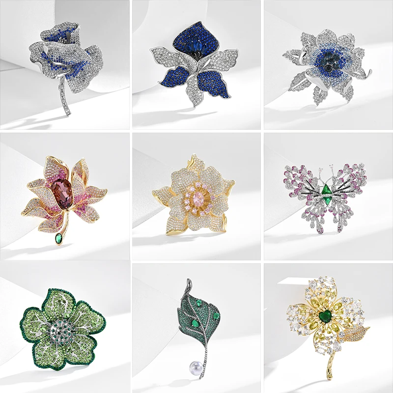 

OKILY Luxury Zirconium Flower Brooch for Women Dinner Clothing Accessories Elegant Temperament Corsage Vintage Floral Broochpin