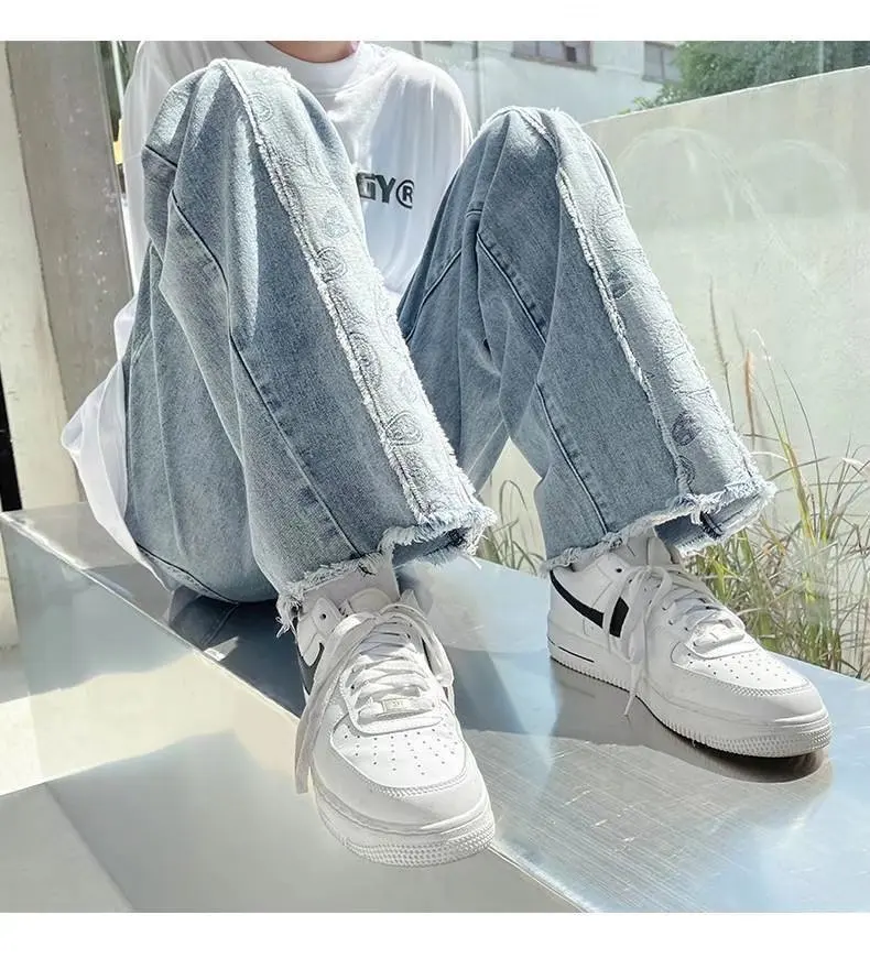 New Brand Men Pants denim jeans High Street Fashion Bandana Pattern Casual Unisex Loose Style Straight Leg Wide Long Trousers stretch jeans