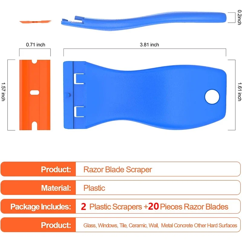 Razor Blade Scraper 2Pcs Plastic Razor Blade Scrapers Glue Remover with 20Pcs Blades Car Glass Cleaning For Removing Stickers Labels