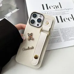 Charming Bear Leather Wrist Strap Phone Case - Soft Cover - iPhone 16 Plus (WHITE)