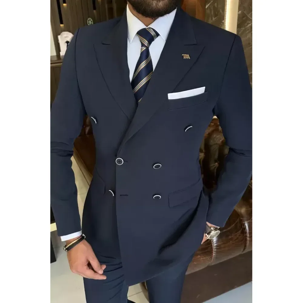 Abiti da uomo blu Navy (Blazer + Pants) Fashion Peak risvolto abito doppiopetto Business Casual Slim smoking da sposa due pezzi