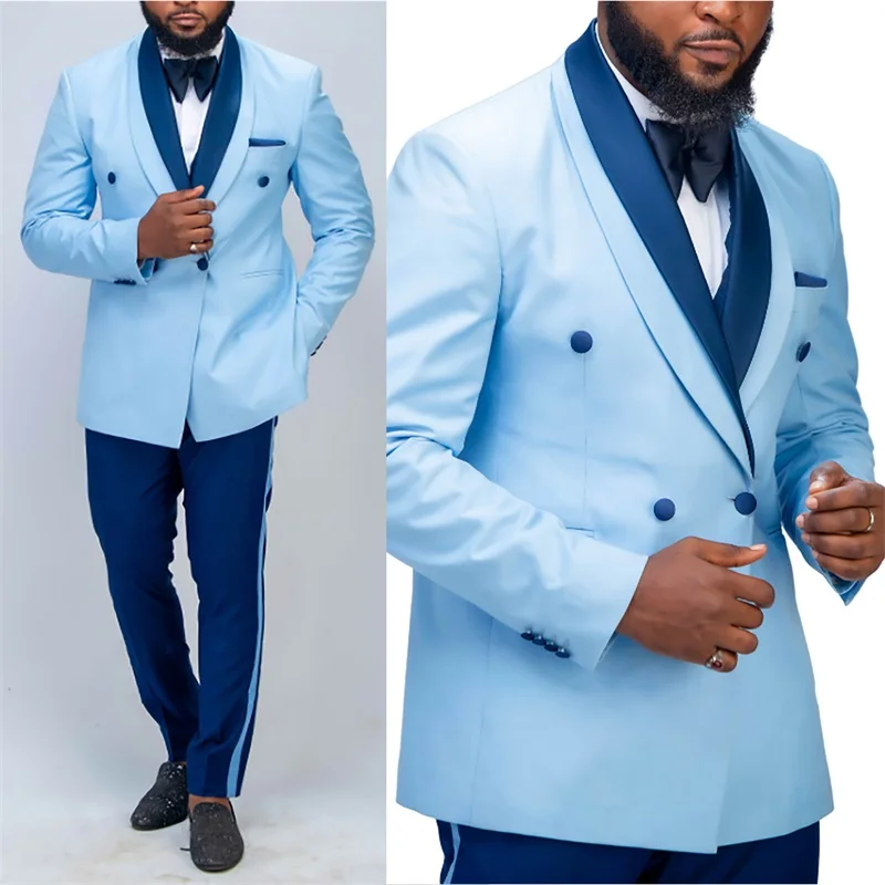 

Groom Stitching Color Men Suits Blazer+Pants Set 2 Pcs Wedding Tuxedos Blue Formal Business Office Prom Outfit Мужской костюм