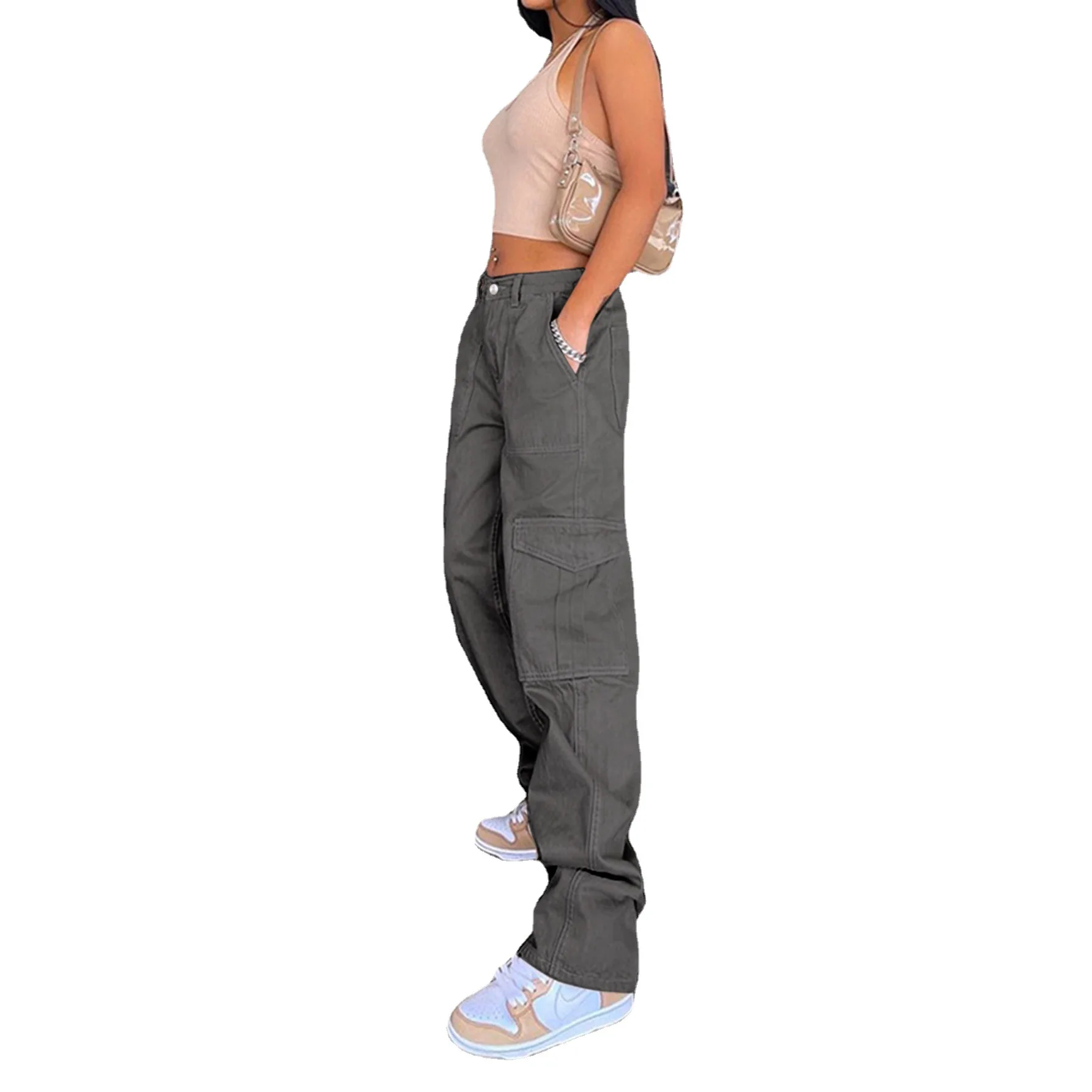 

Straight Leg Cargo Pants Women High Waist Casual Baggy Pants Slim Vintage Y2k Streetwear Stretch Wide Leg Trousers Fashion Jeans