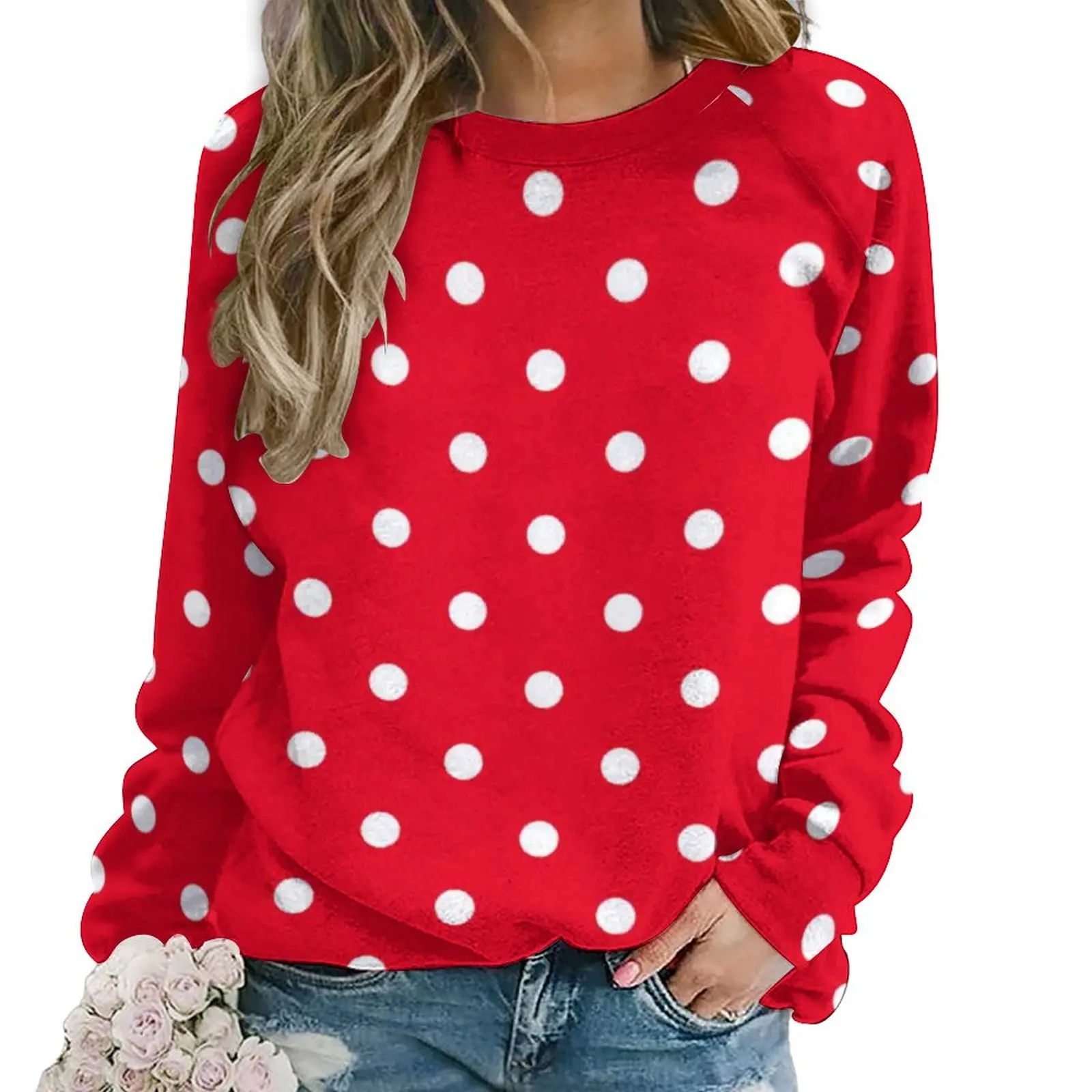 

Red with White Polka Dots Casual Hoodies Female Polka Dot Spotted Circles Funny Hoodie Long Sleeve Hip Hop Oversize Sweatshirts