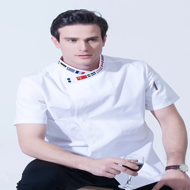 Chef Uniform High Quality Black White M-4XL Women Men Short-sleeve Oblique Embroidery Collar Kitchen Hotel Chef Jacket