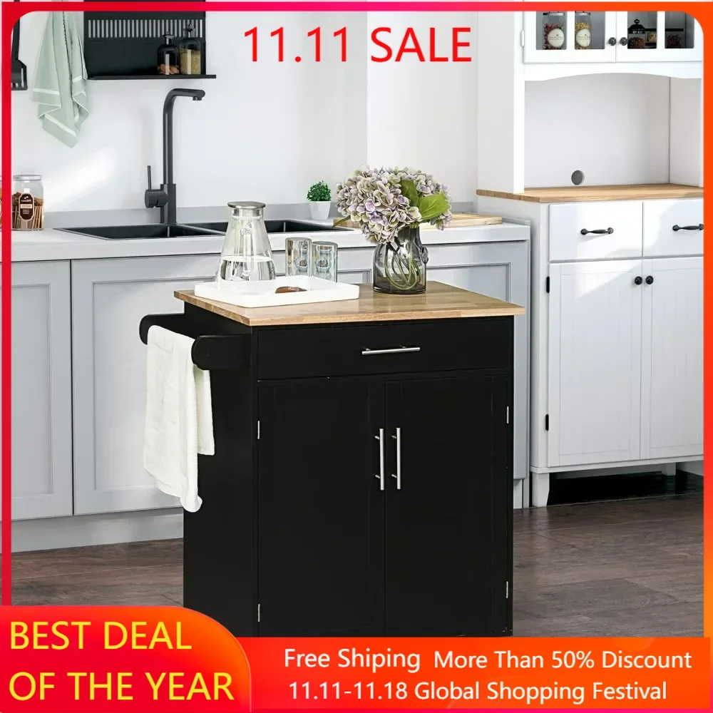 Kitchen Island Cart Rolling Trolley Cart with Drawer, Storage Cabinet & Towel Rack, Black Kitchen