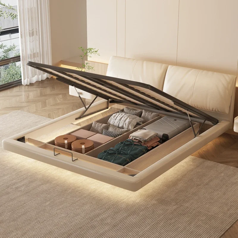 

Modern Master Double Leather Bed Minimalist Elephant Ears High with Box Cream Style