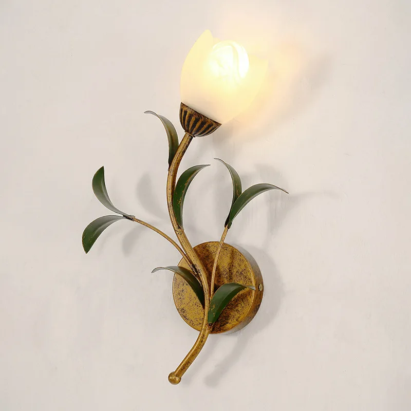 LED Wall Lamp Nordic Bedside Bedroom Iron Flower Wall Lights village Lighting rural New Home Decors Sconces Glass Lampshade