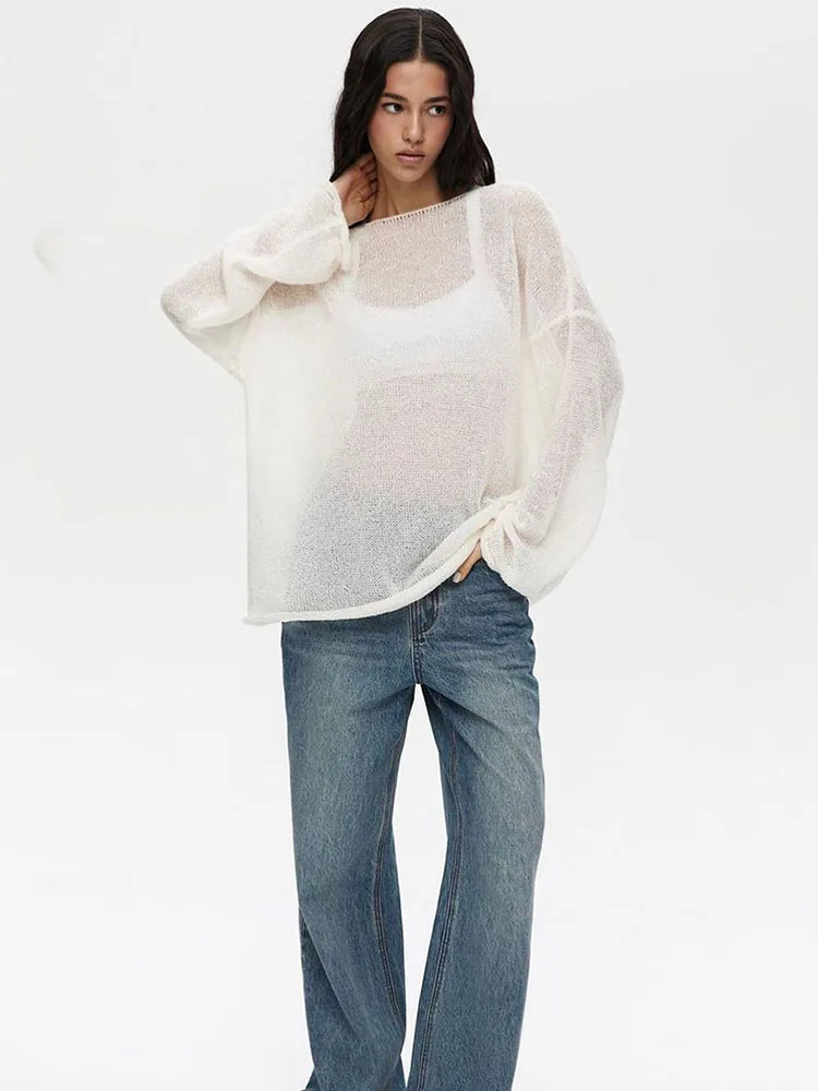 Knitted Hollow Sweater Pullover Women's Loose Long-Sleeved Fashion Solid Color Round Neck See-Through Street Top Pullover