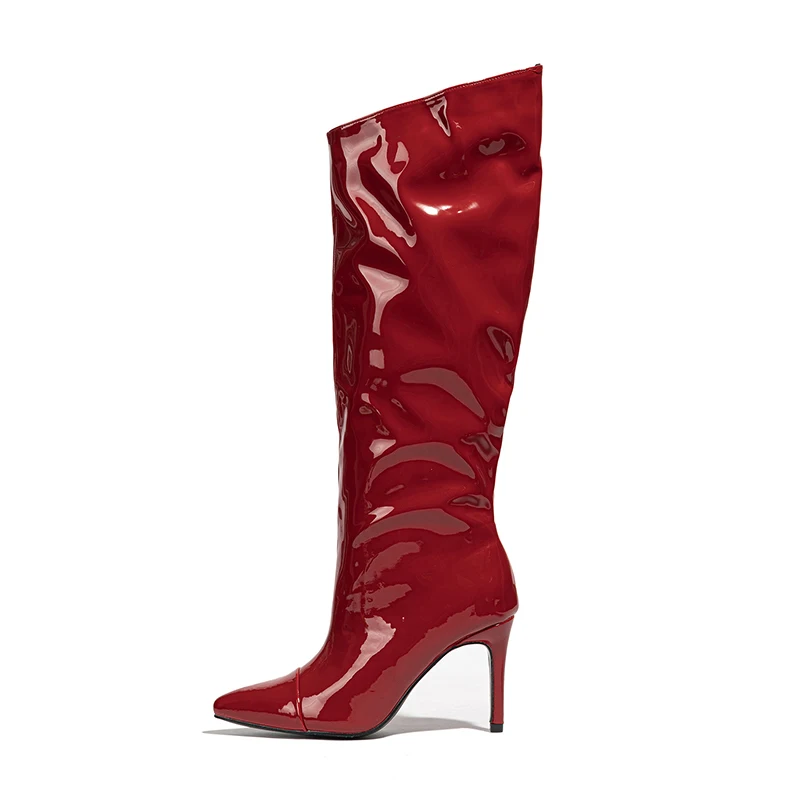 Winter Pointed Patent Leather Pleated Knee High Women's Boots High Heels Slip On Fashion Gladiator Shoes V Mouth Long Tube Boots