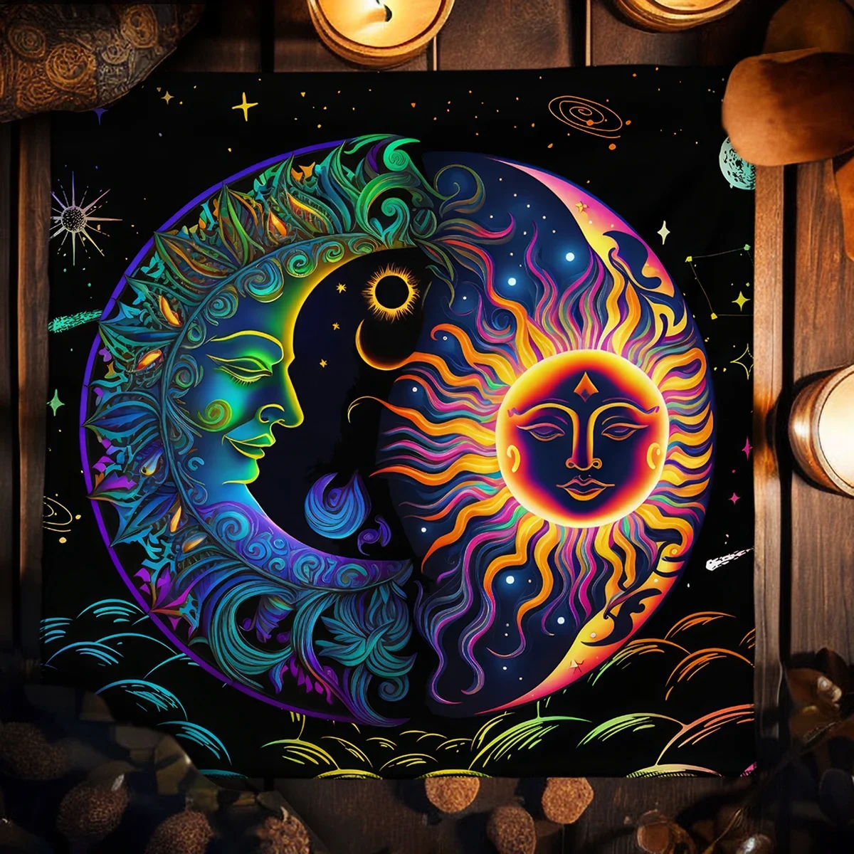 Mystical Colorful Sun and Moon Tarot Card Tablecloth Astrological Divination Altar Cloth Card Game Mat Witchcraft Witchy Decor 3