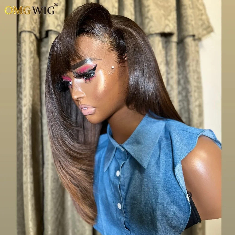 360 Wear & Go Bangs and Layers On Both Sides Human Hair Wig 5x7/4x4 Glueless Straight Wig for Black Women Brazilian Brown Blue