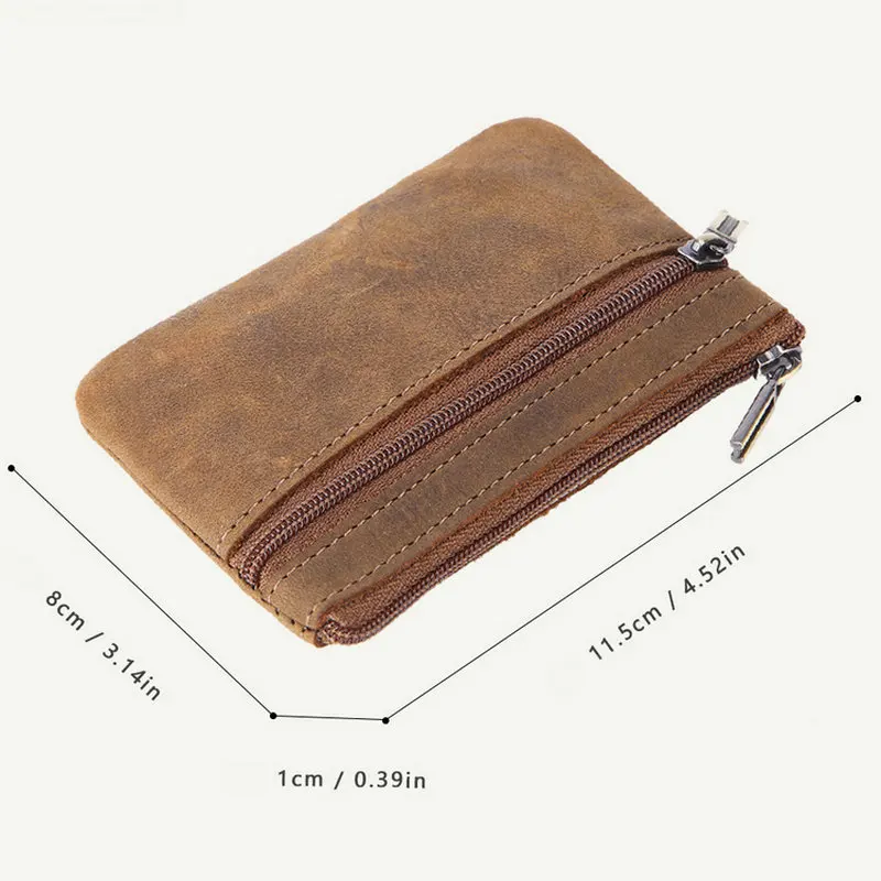 Vintage Genuine Leather Coin Purse with Keychain - Cowhide Zipper Wallet & Key Holder