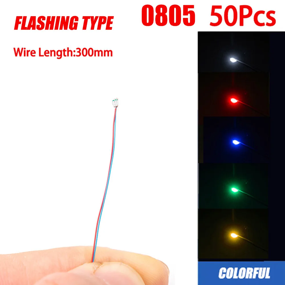 

50Pcs/set 0805 Flashing LED SMD Lamp Wired Micro Litz Led Pre-soldered Chip 3V 30cm Railway Model Toy Light DIY Leads Wires
