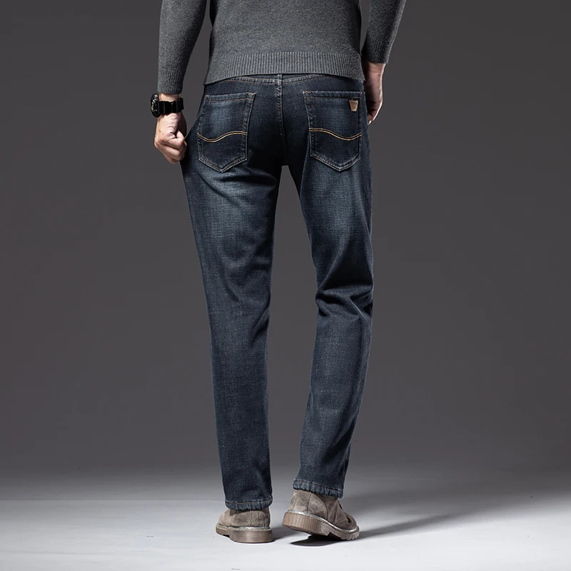 Classic Style Winter Men's Fleece Warm Straight Jeans Business Fashion Cotton Denim Stretch Pants Thick Trousers Male Black Blue