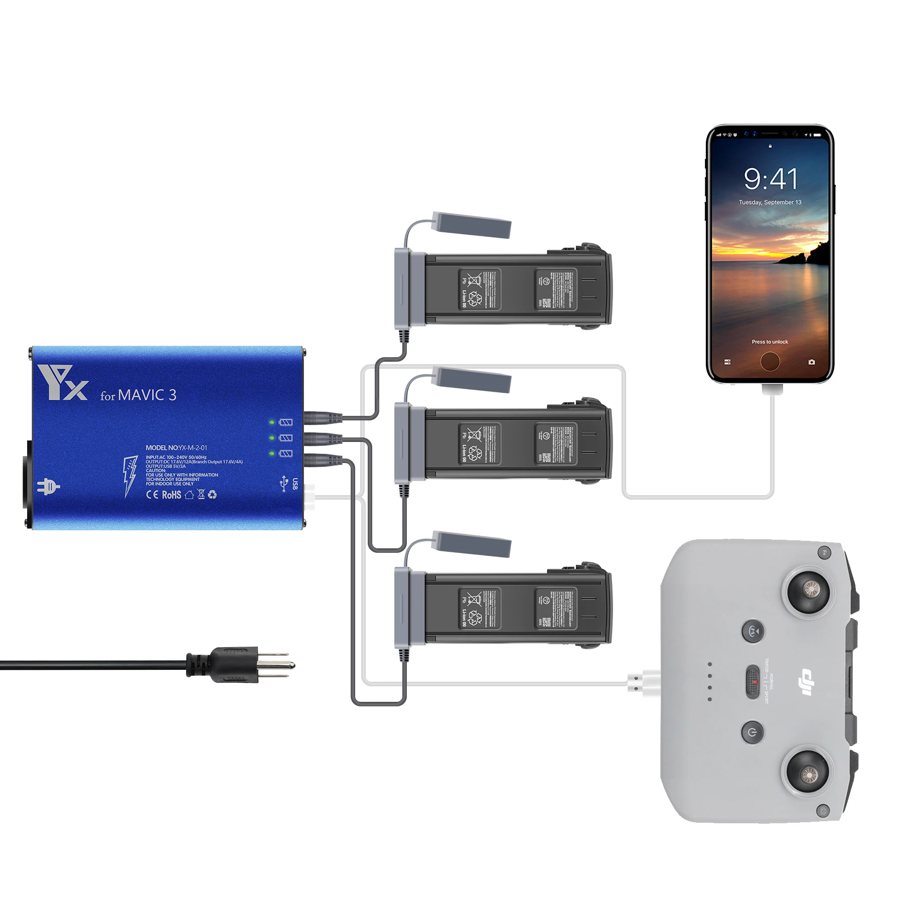 3 Batteries Remote Control Charging Hub for mavic 3