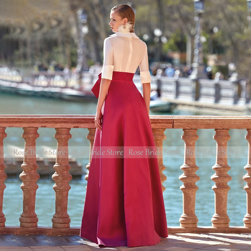 Ivory Burgundy Wedding Party Dress Deep V Neck Half Sleeves Formal Evening Gowns for Women Floor Length A Line Prom Dress Satin 2