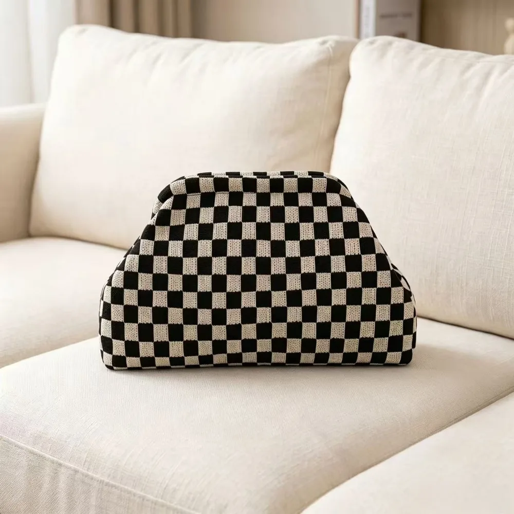 Retro-Karomuster-Stricktasche mit großem Fassungsvermögen und multifunktionaler Aufbewahrungsfunktion