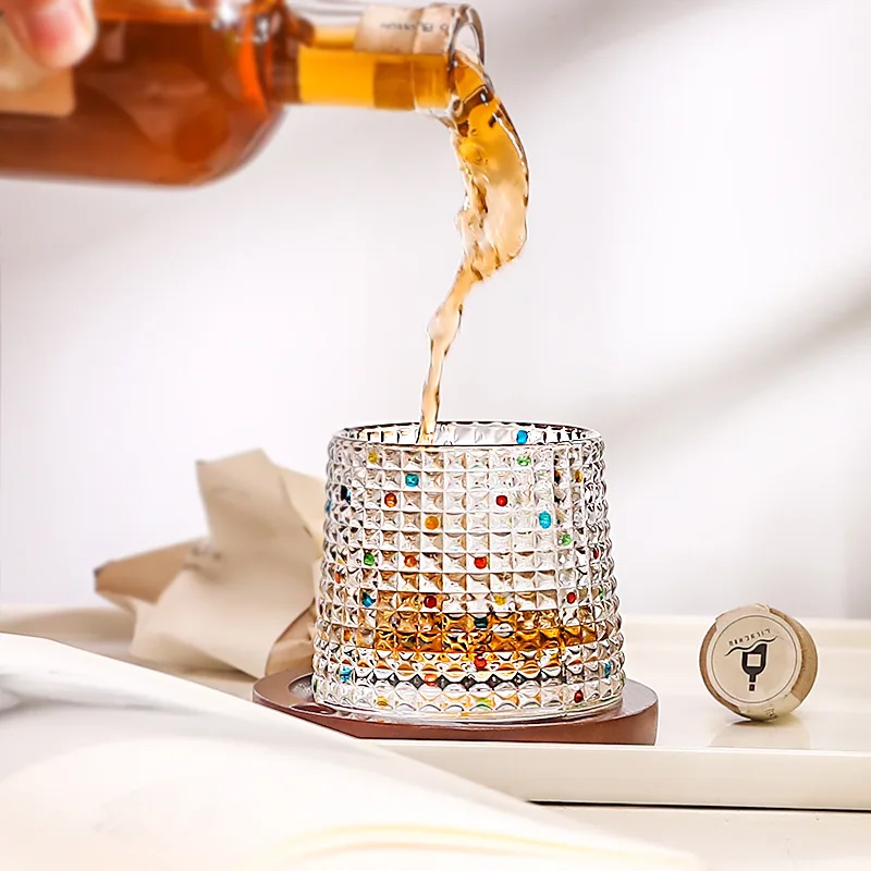 

Hand-Painted Rotating Glass Cup with Coaster Color Water Cup Tumbler Whiskey Glass Crystal Glasses Kitchen Drinking Utensils