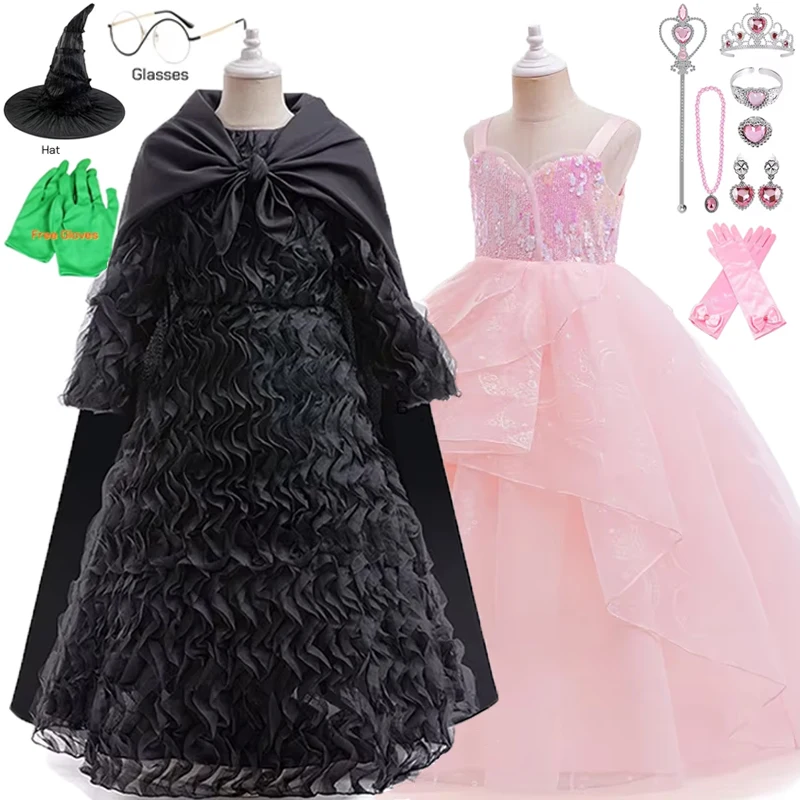 Cosplay Costume Wicked Elphaba Costume Black Witch Dress Hooded Cloak Girls Glinda Pink Princess Evening Dress Costume Halloween Party