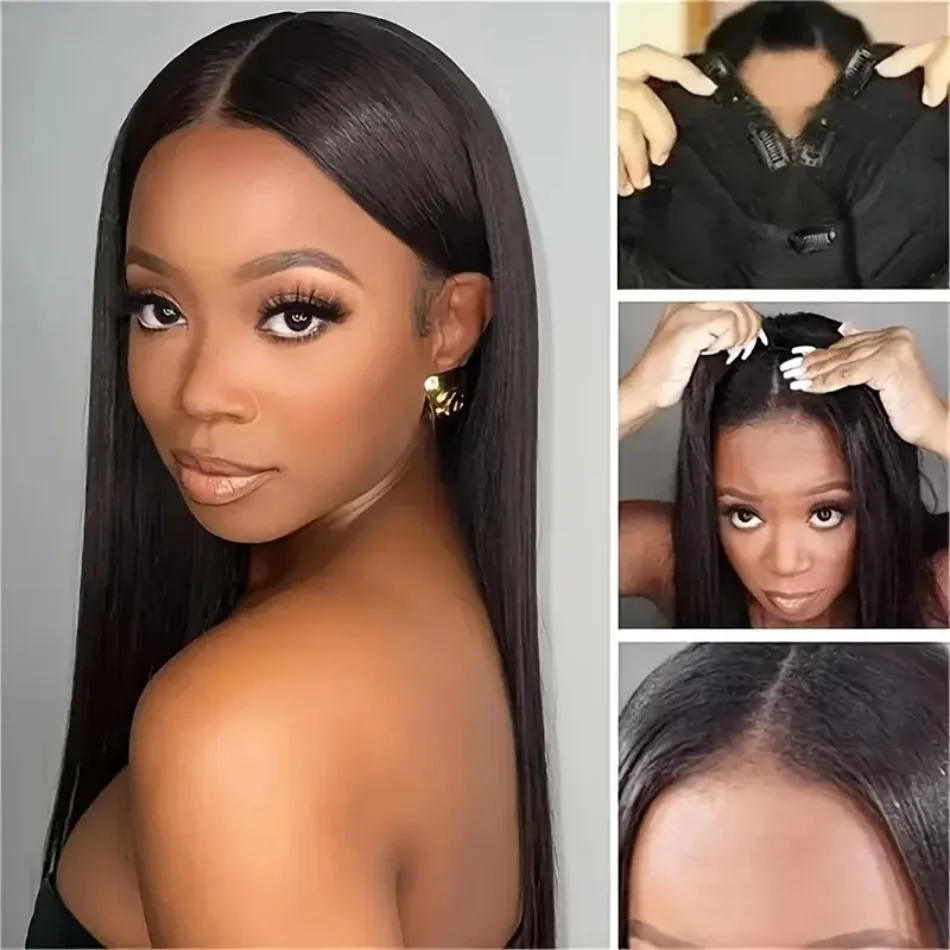 V Part Wig Human Hair Glueless Wig 220 Density Straight Brazilian Human Hair Wigs Natural Black NO Glue For Black Women 38 Inch