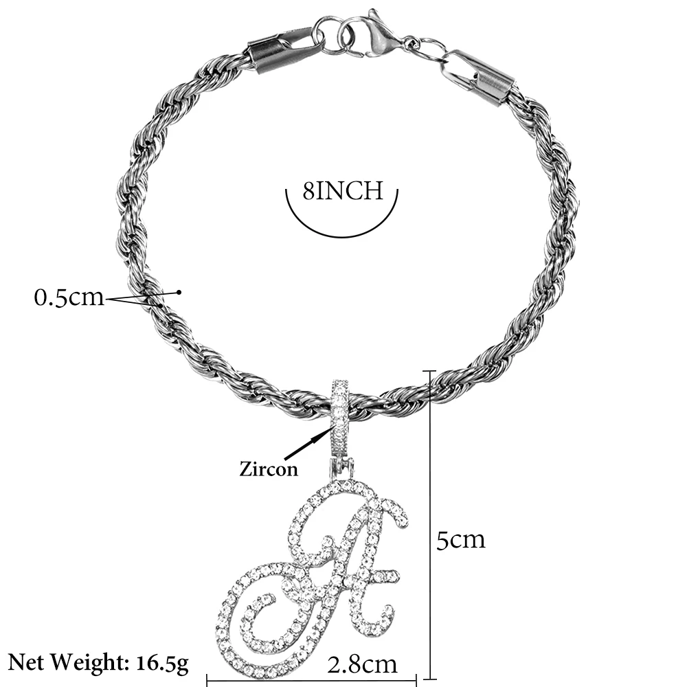 5MM Stainless Steel Rope Chain Letter Bracelet for Women Bling Iced out CZ  A-Z 26 Initials Charm Hand Chain High Quality Jewelry