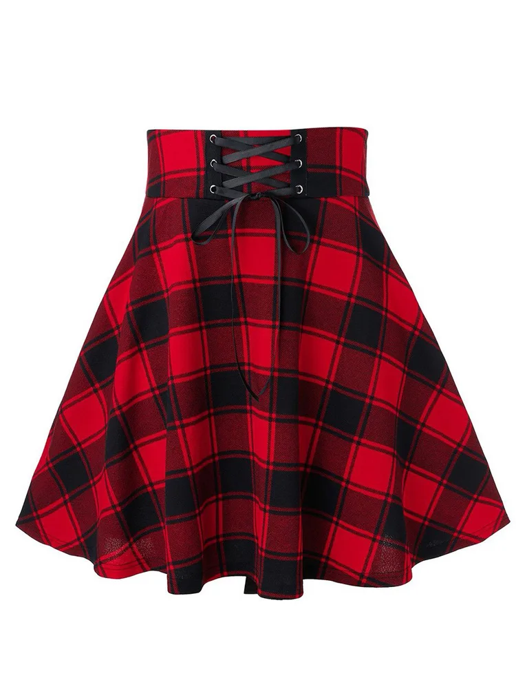NEW Girls Black white tartan check Pleated skirt Gothic Rock Casual Party Retro 