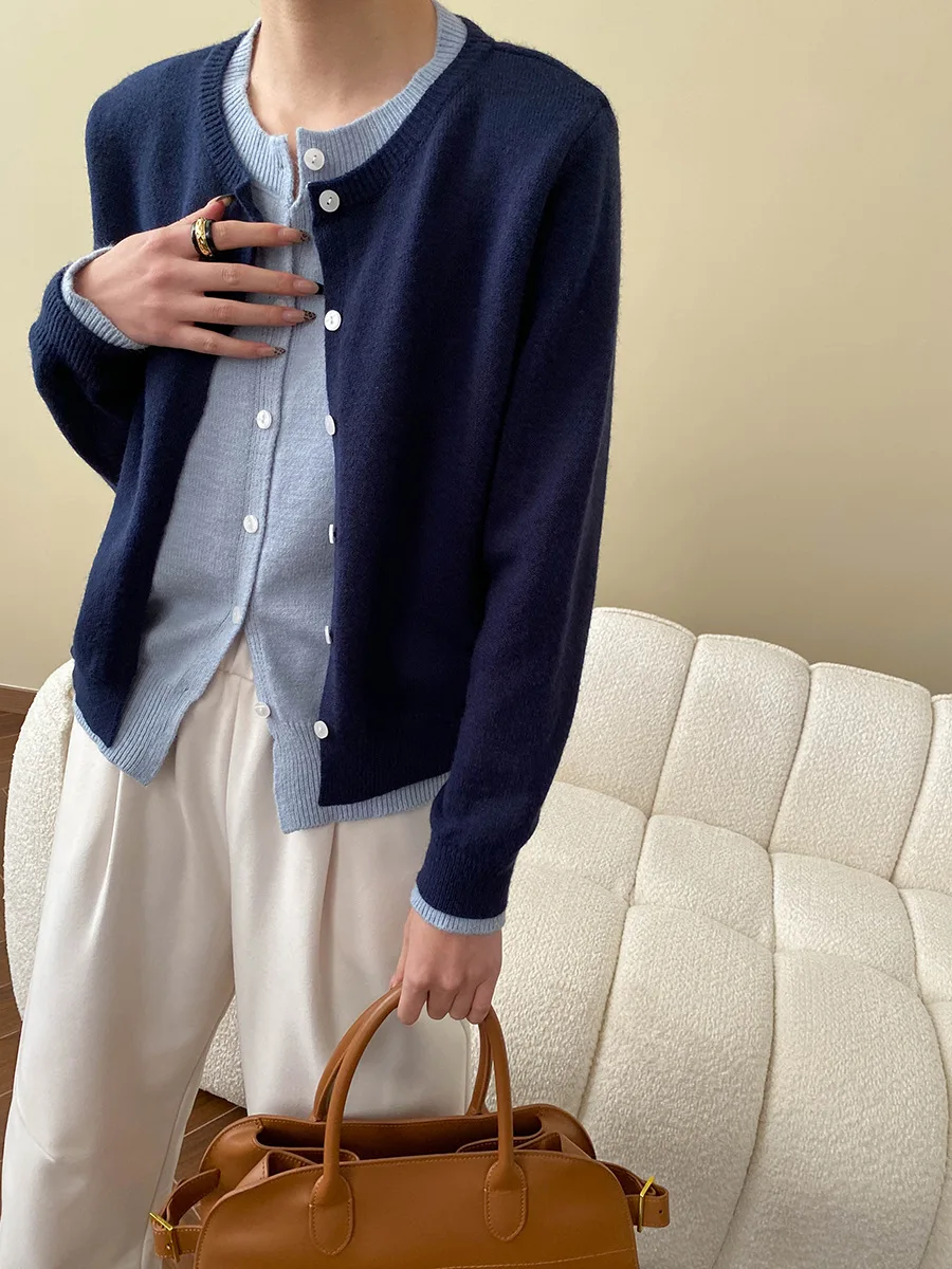 Spring and Autumn Women's Casual Solid Color Round Neck Long Sleeve Cardigan Fake Two Piece Sweater – Detail 8