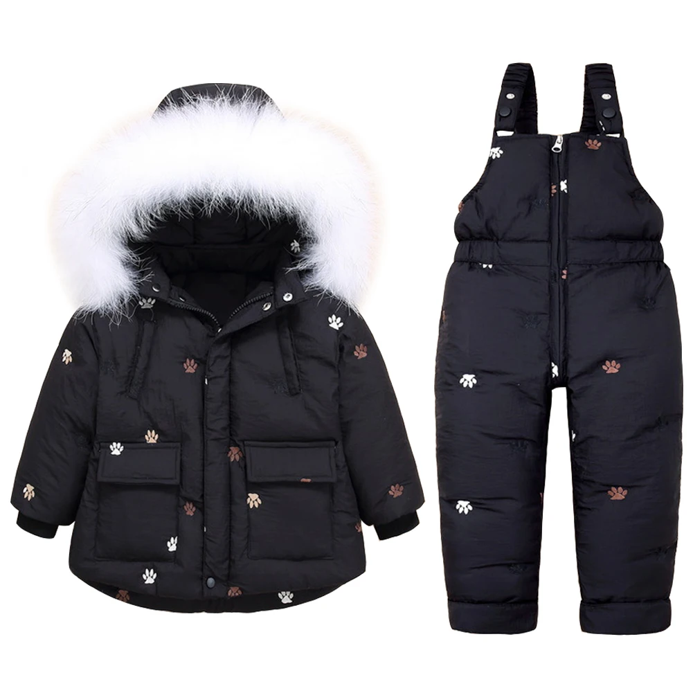2 Pezzi Bambini Toddler Girls Snowsuit Piumino D'Anatra Bianco Cappotto Invernale Con Cappuccio + Pantaloni Con Bretelle Da Neve Tuta Da Sci Antivento