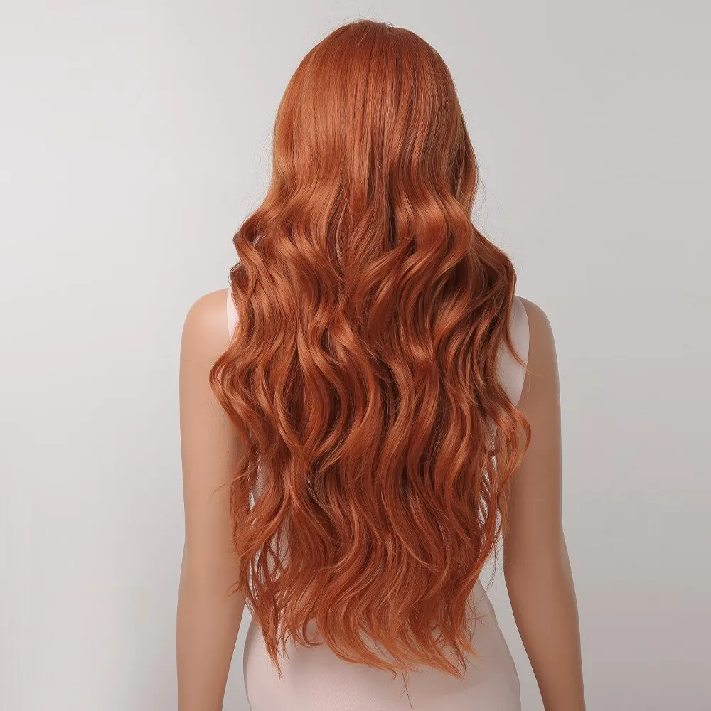 Parrucche sintetiche ricce allo zenzero per le donne Parrucche arancioni lunghe e ondulate naturali con frangia piatta Parrucca colorata resistente al calore per feste_voghion.com